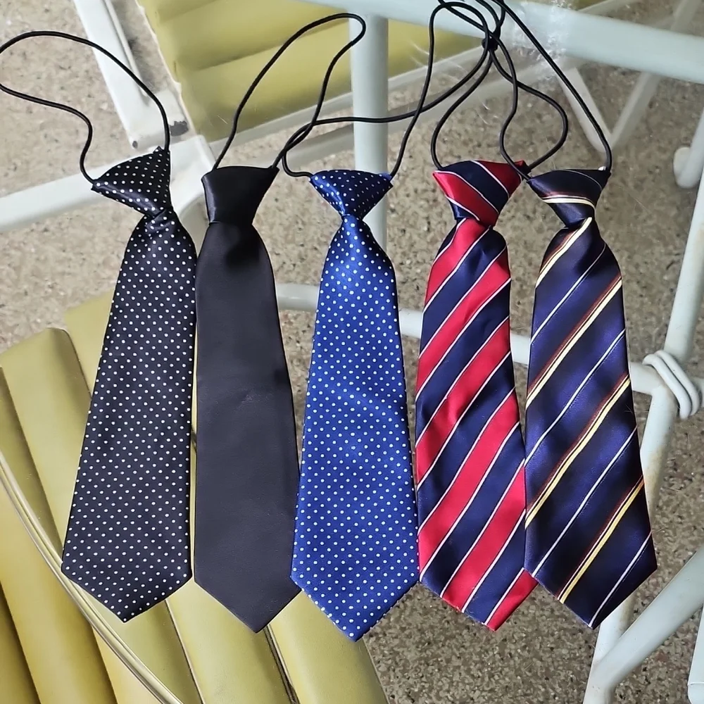 Set Of 5 Boys Kids Classic Satin Elastic Neck Ties For Dress Shirts